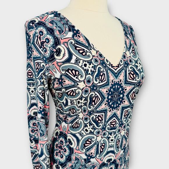 Eliza J Flounce Hem Shift Jersey Dress Size 12 Paisley Medallion Print V-Neck - Picture 9 of 16